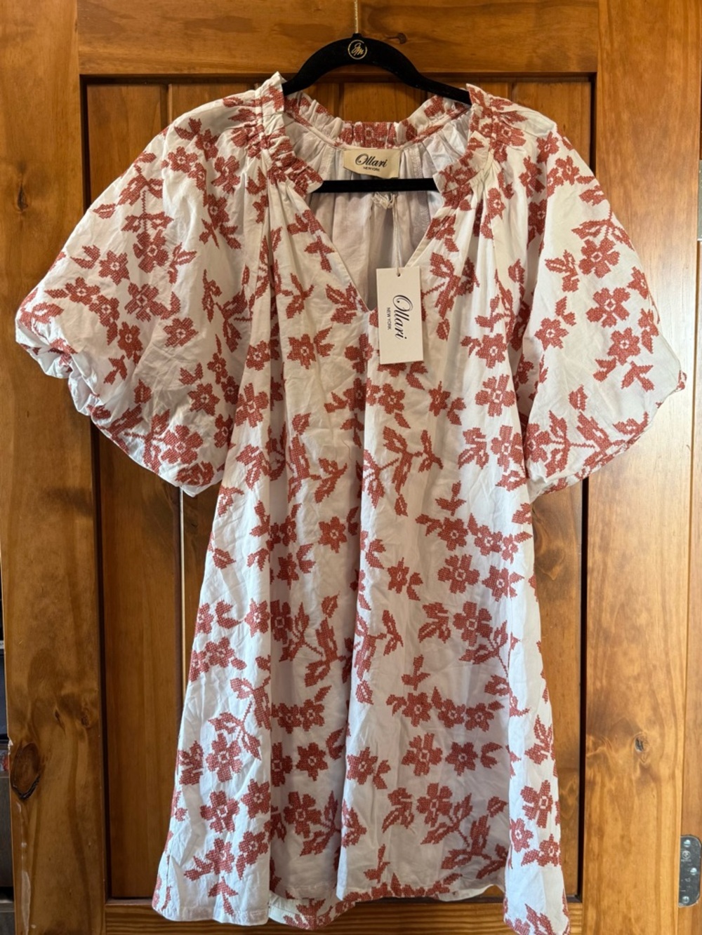 Floral V-Neck Puff Sleeve Mini Dress in Blush Pink - Picture 4 of 6